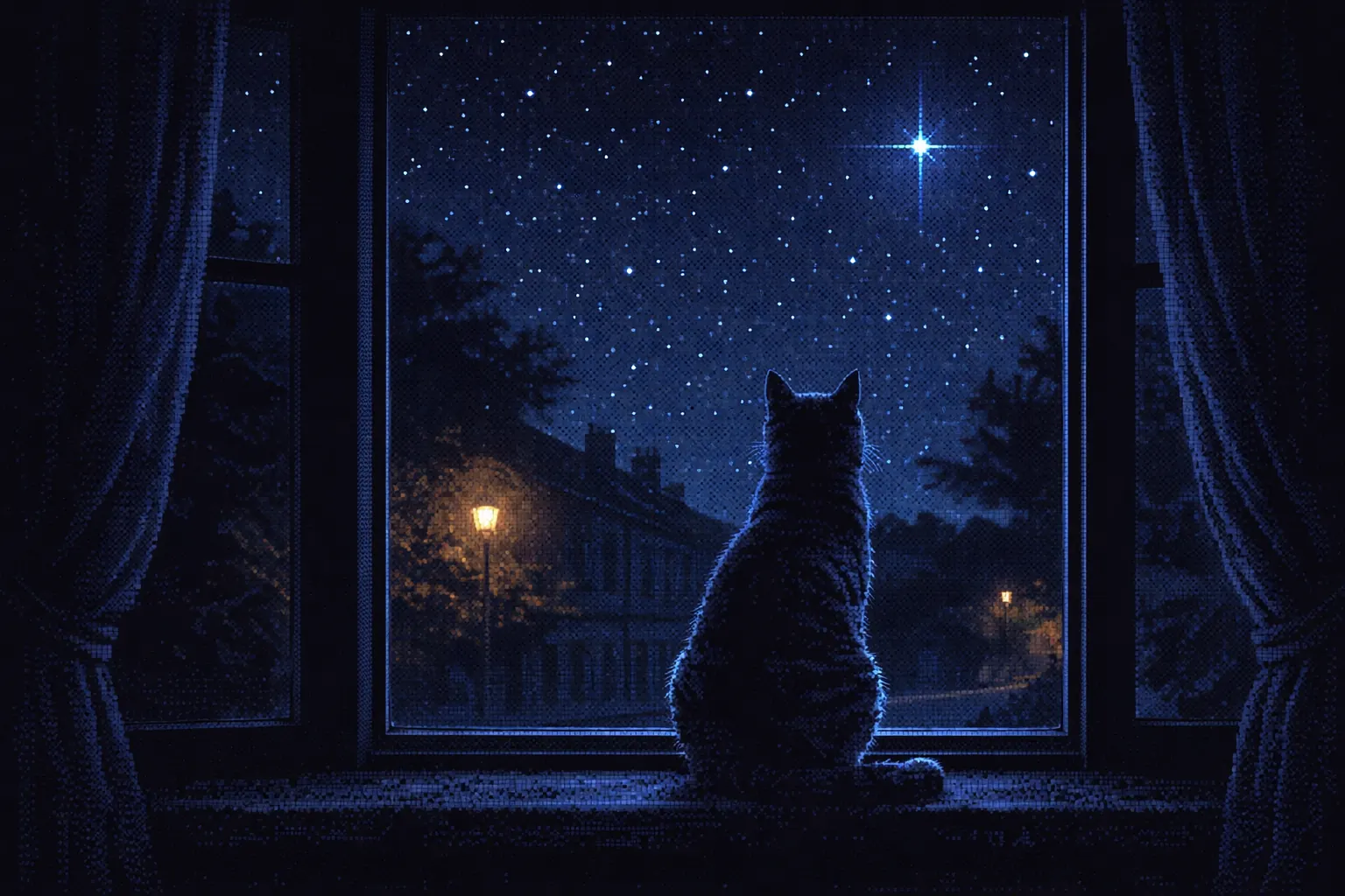 Un chat assis à la fenêtre regarde une étoile briller dans le ciel de nuit